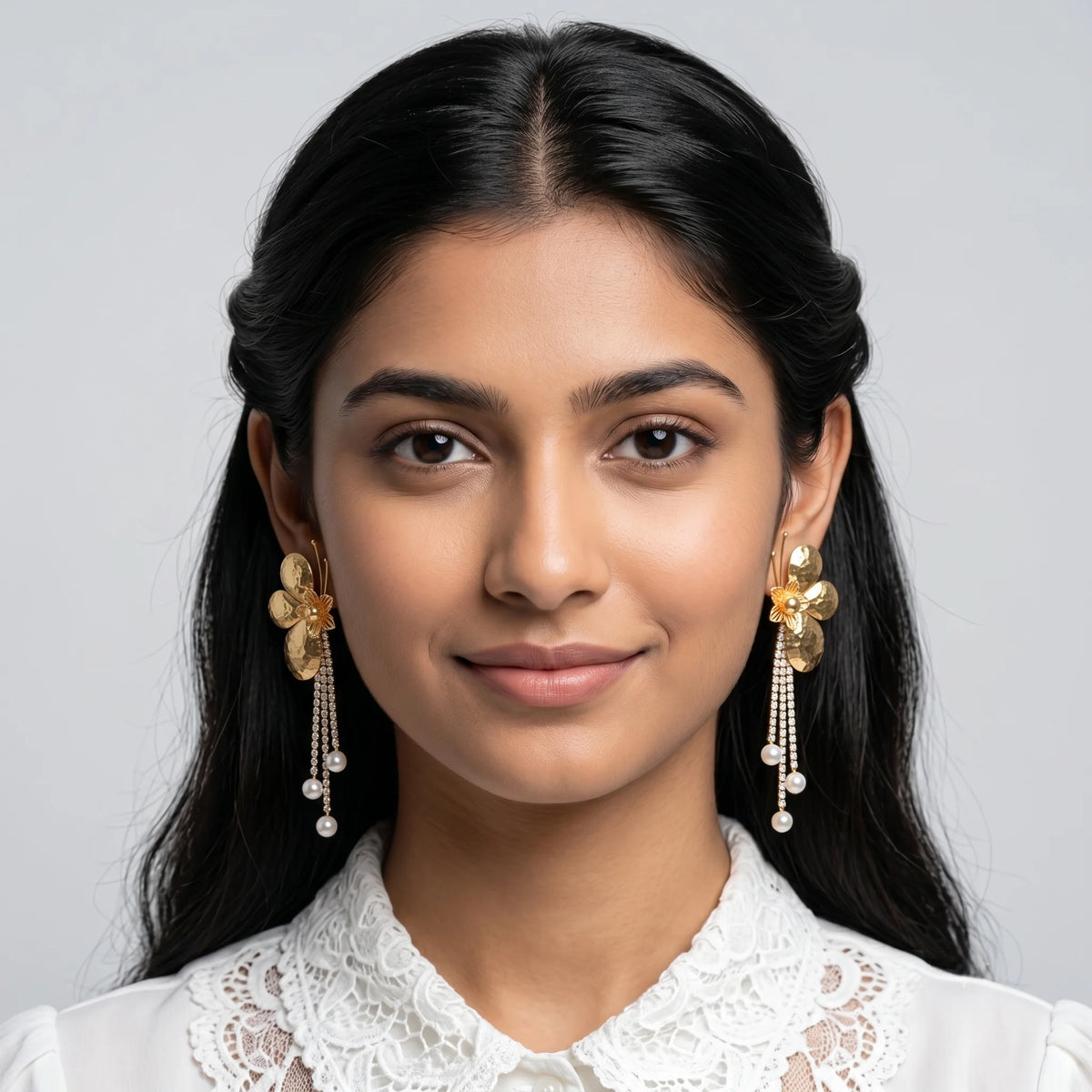 Luxora Golden Bloom Pearl Cascade Earrings
