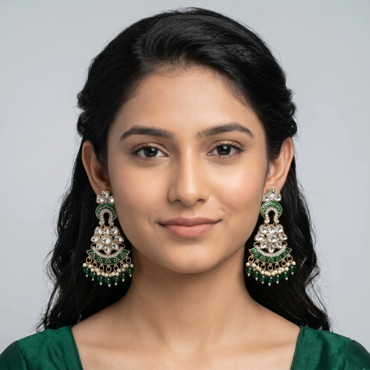 Luxora Emerald Meenakari Pearl Jhumkas