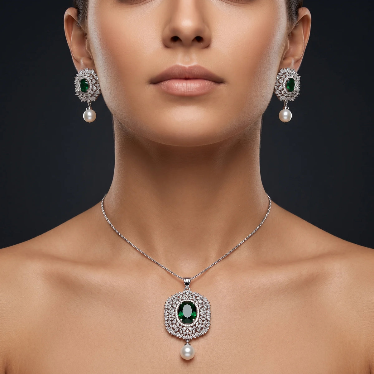 Luxora Emerald Pearl Halo Pendant Set