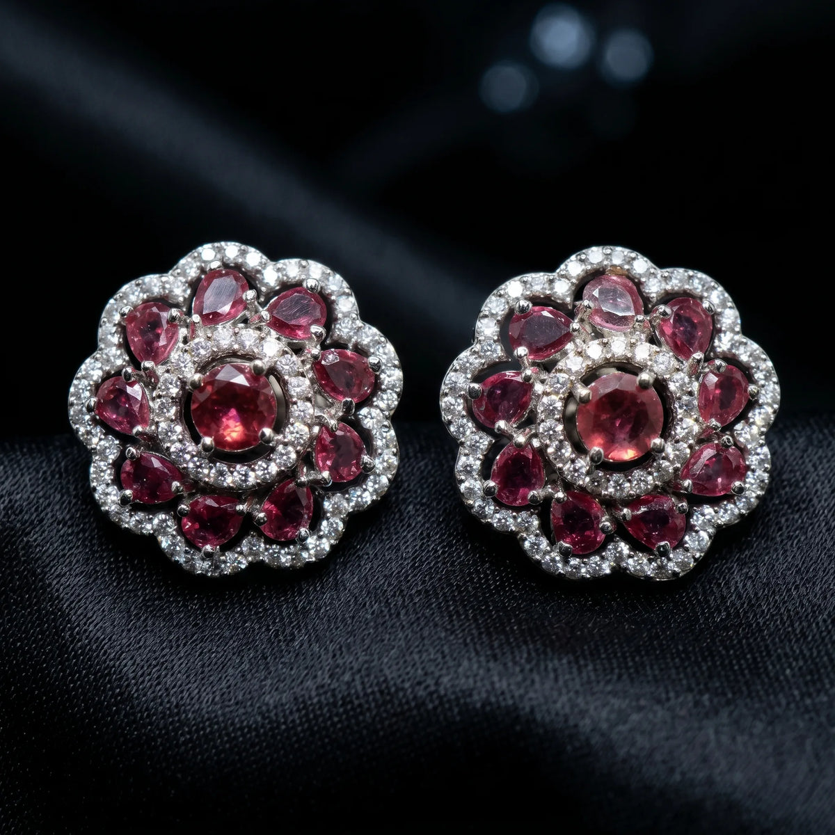 Luxora Ruby Blossom Floral Stud Earrings