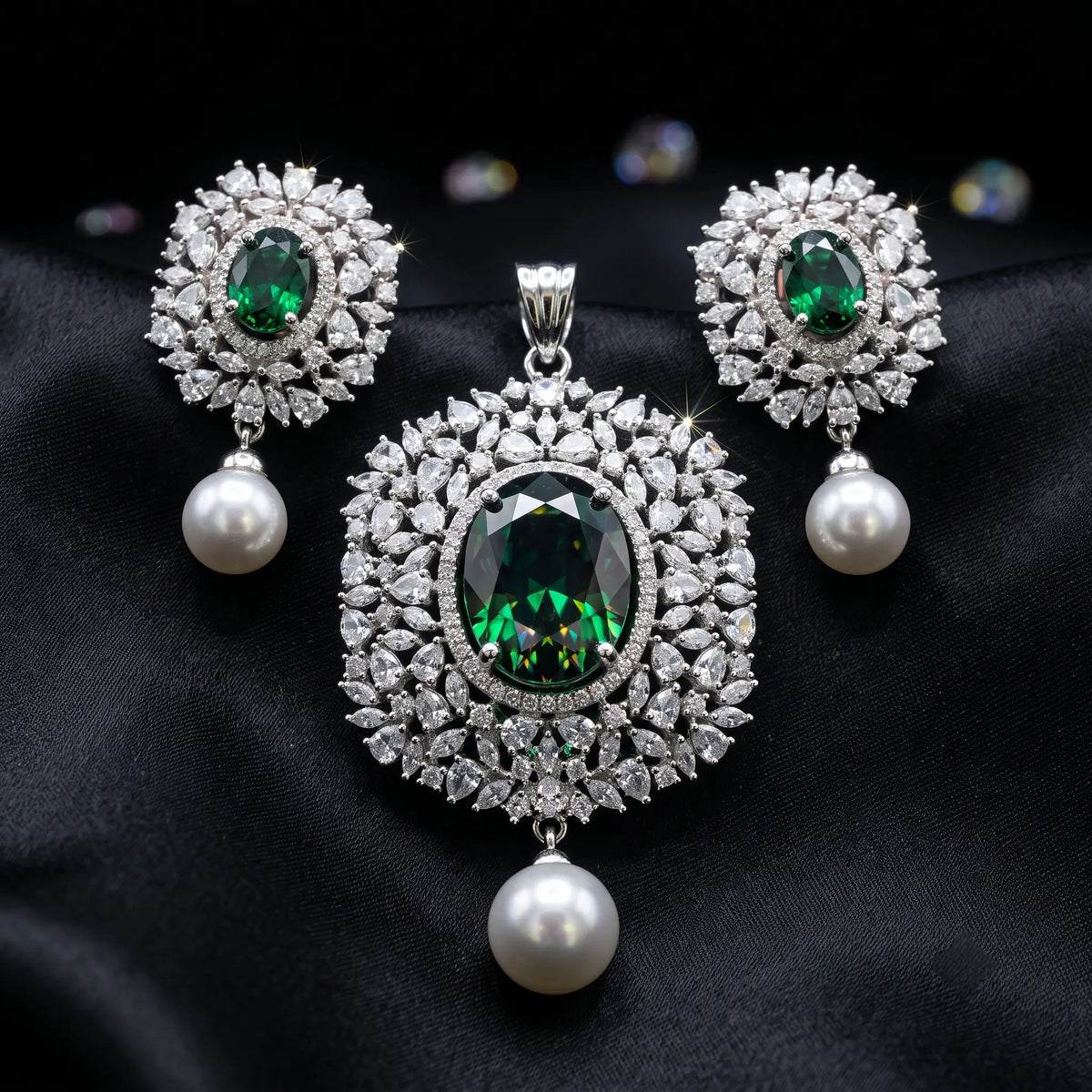 Luxora Emerald Pearl Halo Pendant Set