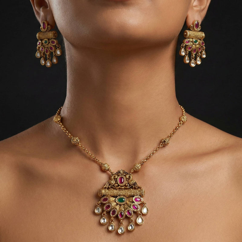 Luxora Long Rajwadi Mala with Green and Pink Pendant