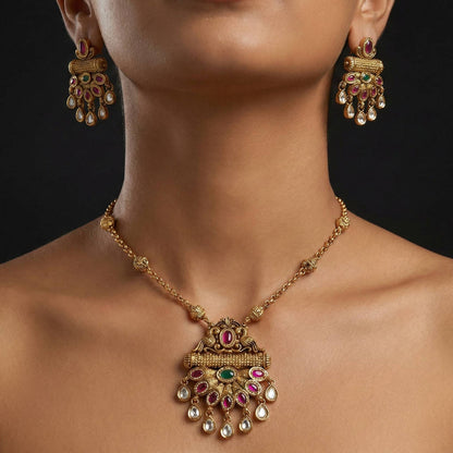 Luxora Long Rajwadi Mala with Green and Pink Pendant