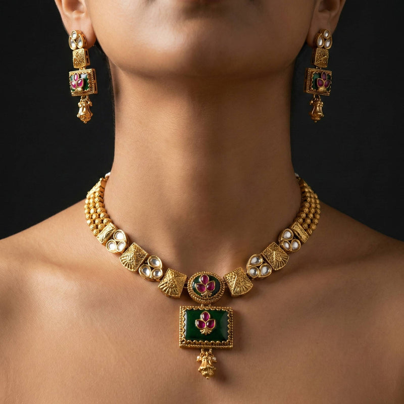 Luxora Rajwadi Square Emerald Pendant Set