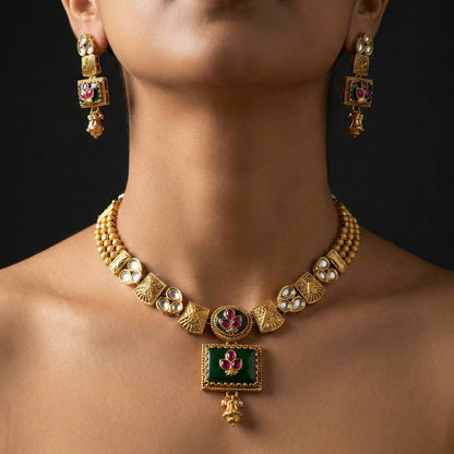 Luxora Rajwadi Square Emerald Pendant Set