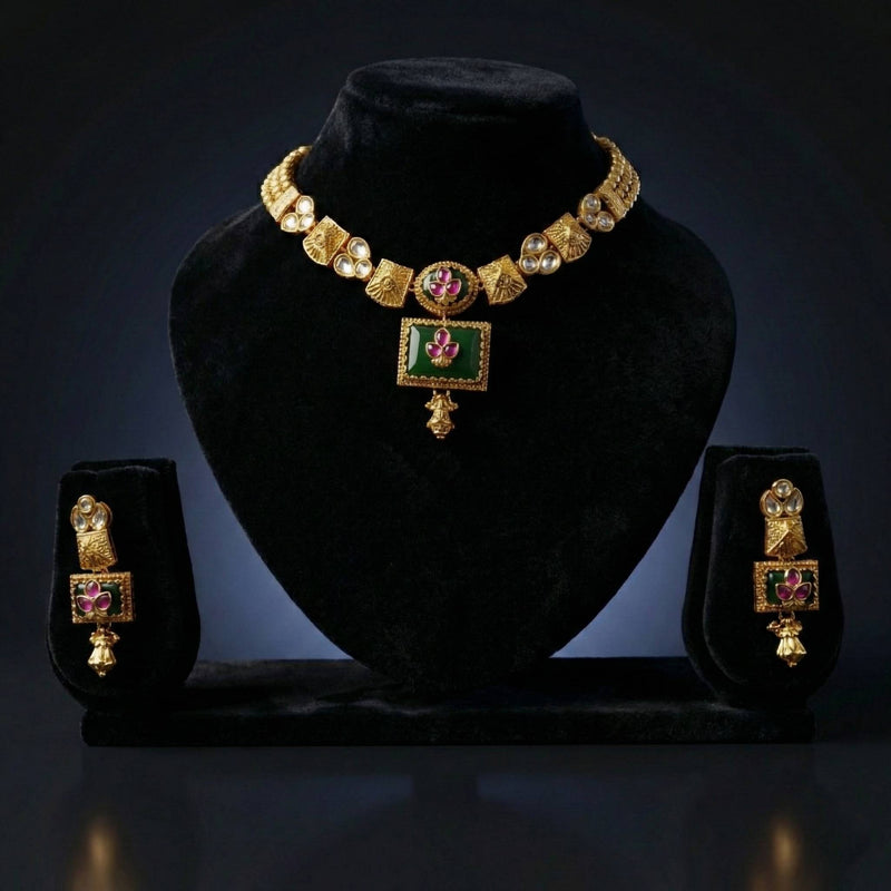 Luxora Rajwadi Square Emerald Pendant Set