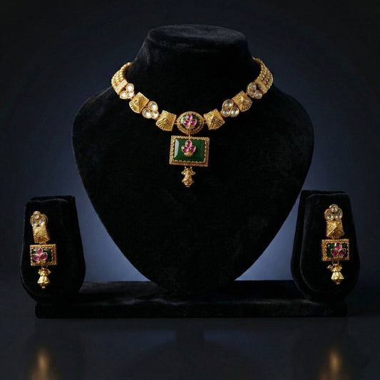 Luxora Rajwadi Square Emerald Pendant Set