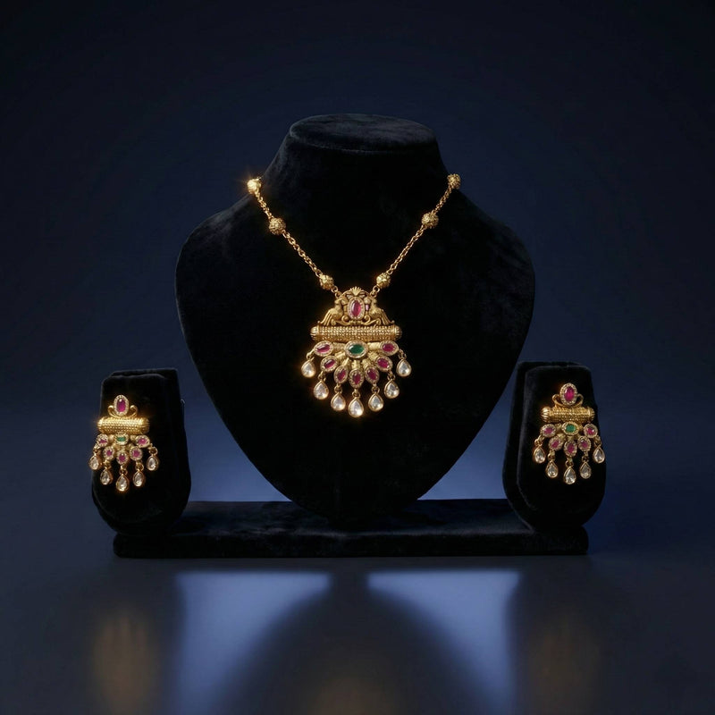 Luxora Long Rajwadi Mala with Green and Pink Pendant
