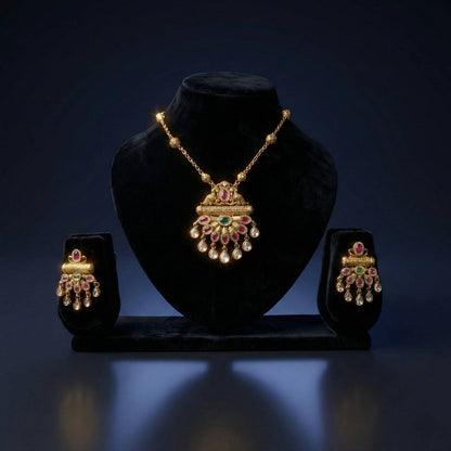 Luxora Long Rajwadi Mala with Green and Pink Pendant