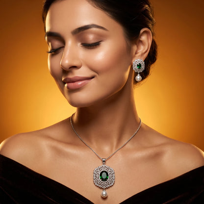 Luxora Emerald Pearl Halo Pendant Set