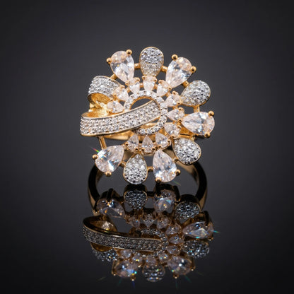 Luxora Celestial Bloom Halo Statement Ring – Floral Radiance Edition
