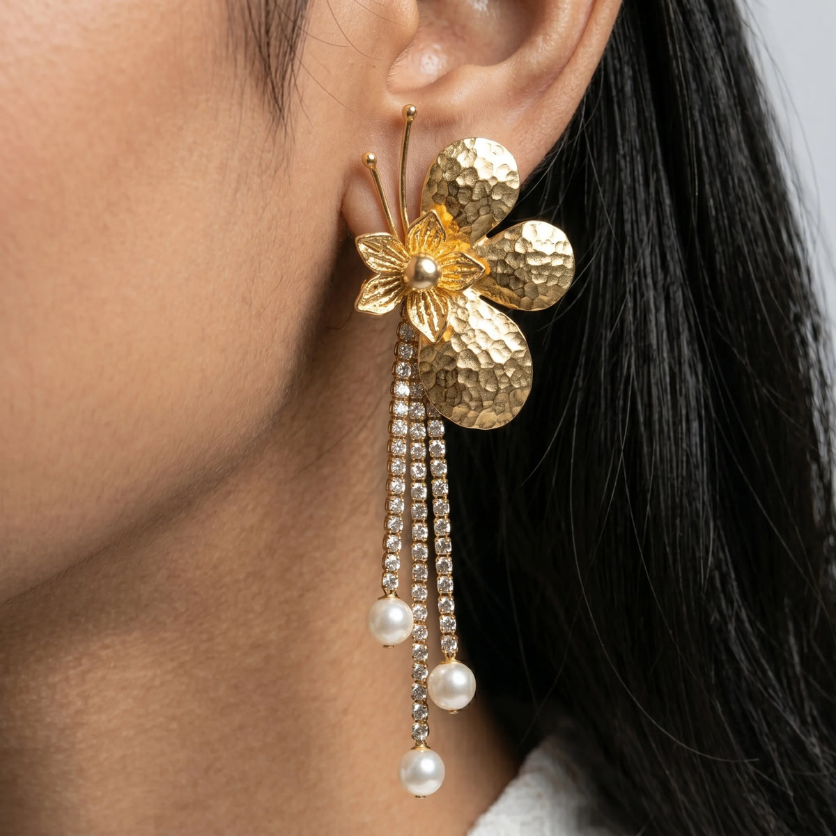 Luxora Golden Bloom Pearl Cascade Earrings
