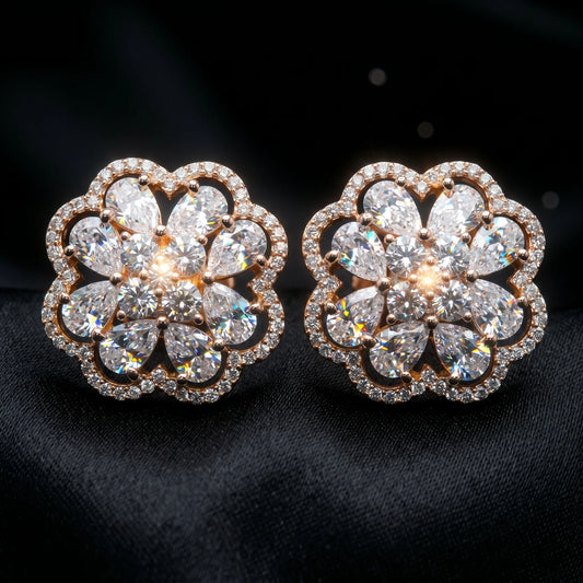 Luxora Rose Gold Floral Halo Stud Earrings