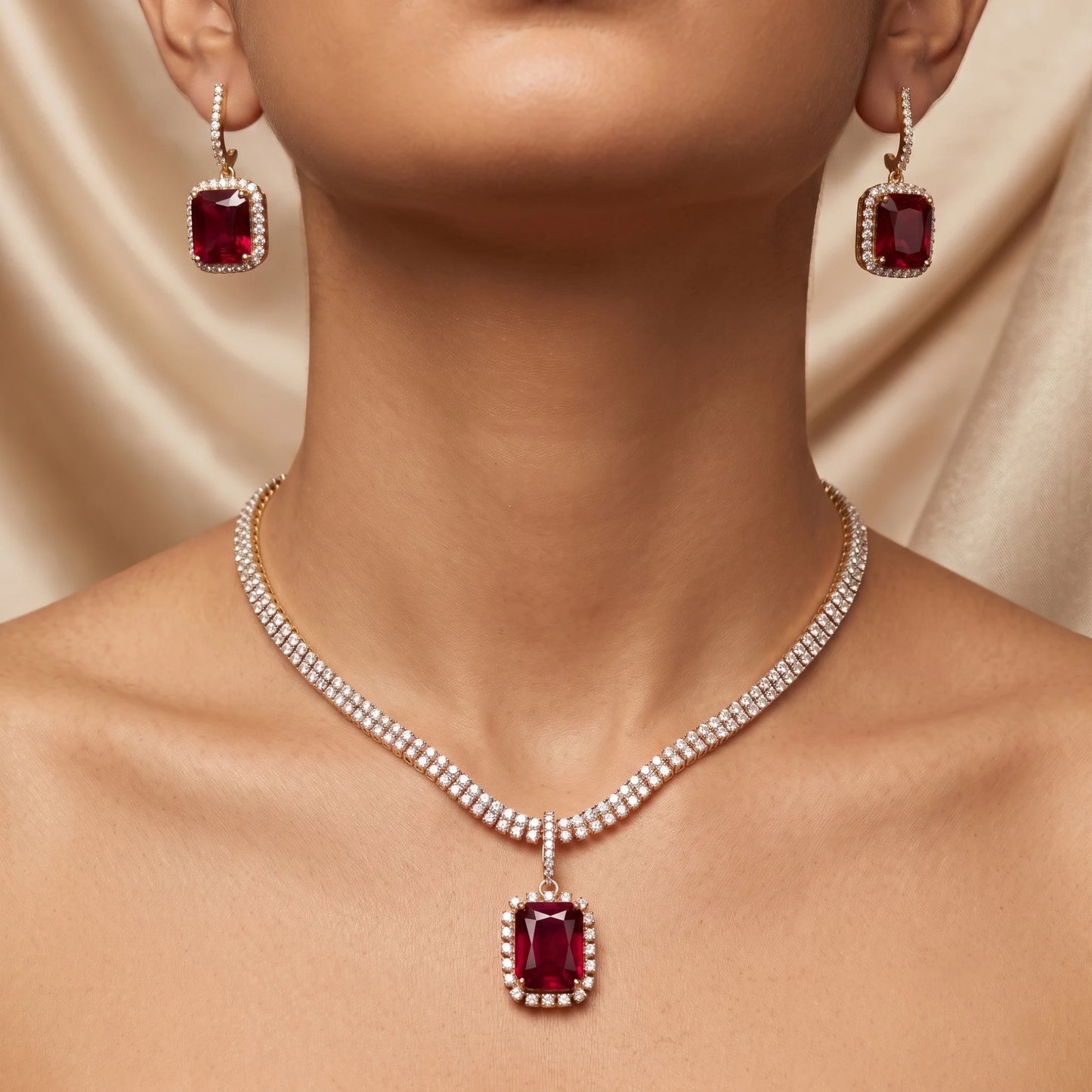 Luxora Crimson Royale Halo Pendant Set