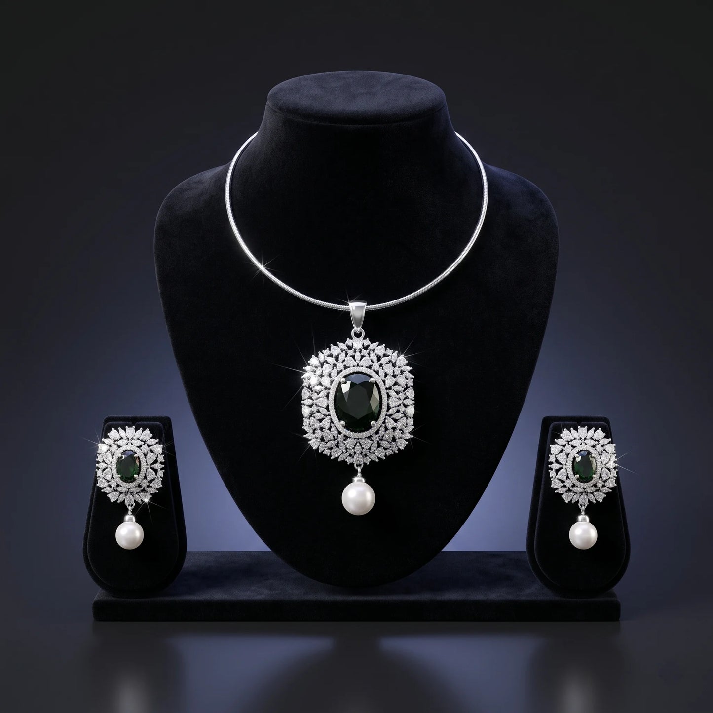 Luxora Emerald Pearl Halo Pendant Set