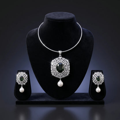 Luxora Emerald Pearl Halo Pendant Set