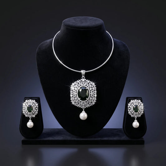 Luxora Emerald Pearl Halo Pendant Set