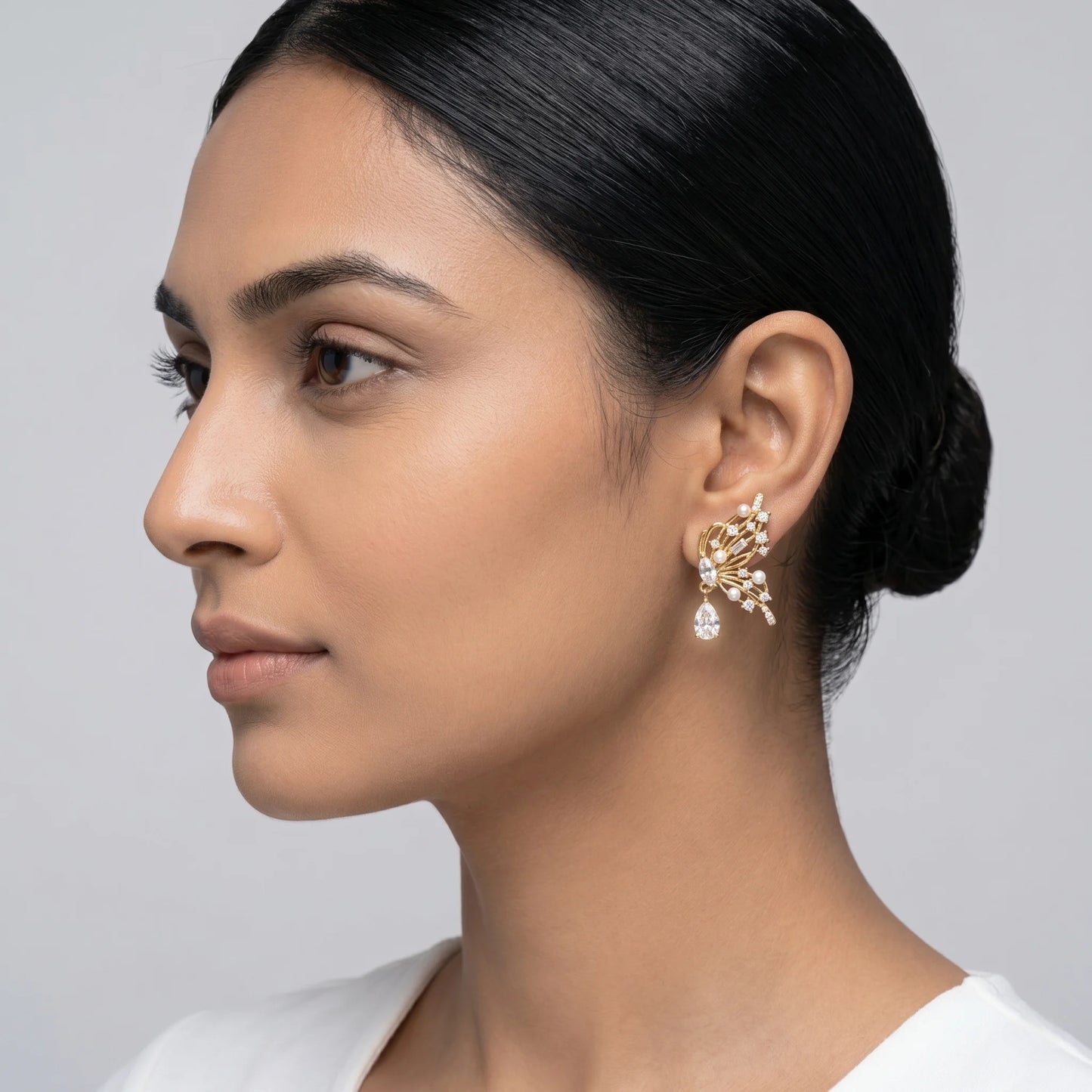 Luxora Golden Flutter Pearl Drop Earrings