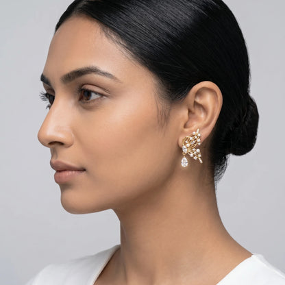 Luxora Golden Flutter Pearl Drop Earrings