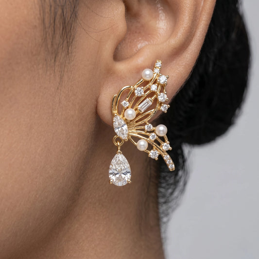 Luxora Golden Flutter Pearl Drop Earrings