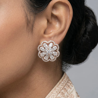 Luxora Rose Gold Floral Halo Stud Earrings