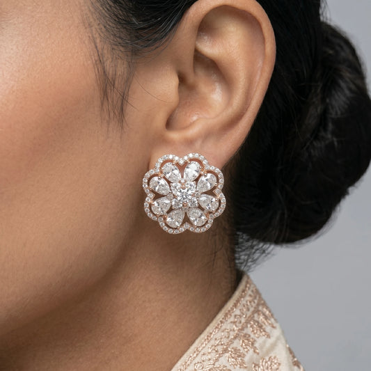 Luxora Rose Gold Floral Halo Stud Earrings