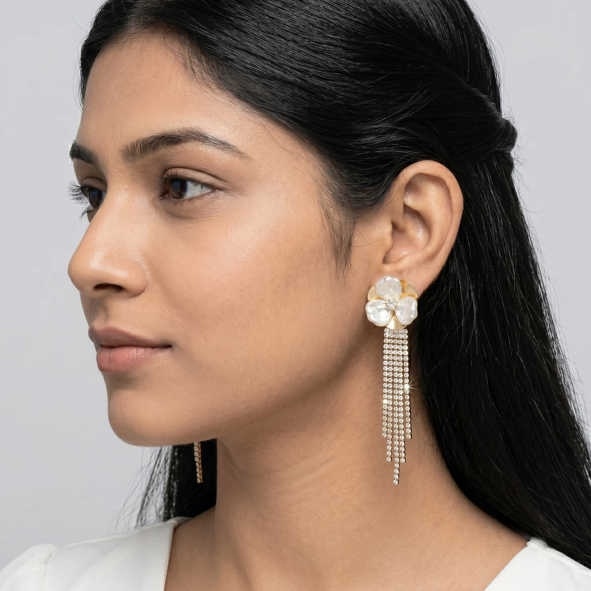 Luxora Pearl Bloom Crystal Cascade Earrings