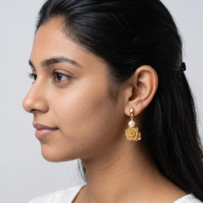 Luxora Golden Rose Pearl Drop Earrings