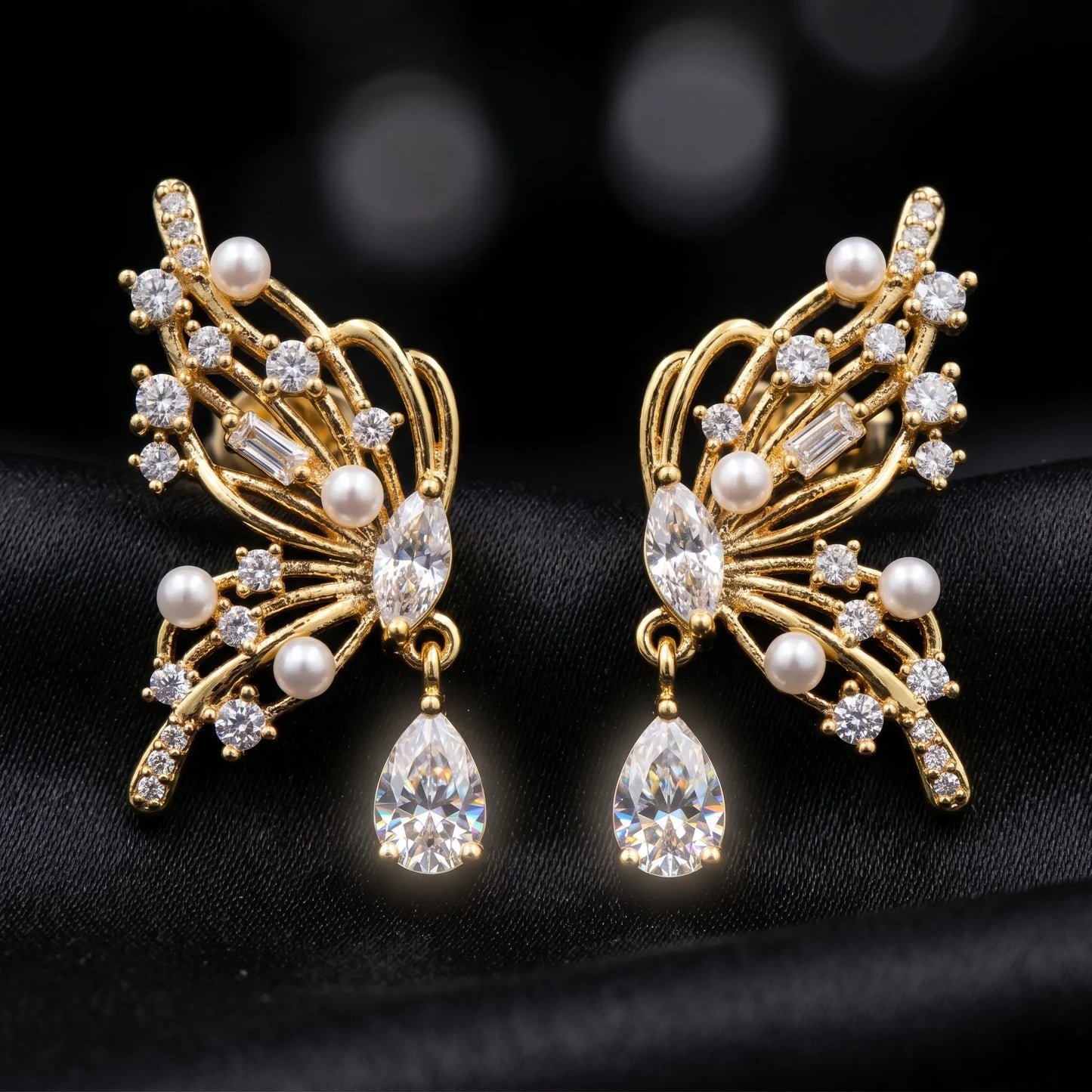 Luxora Golden Flutter Pearl Drop Earrings