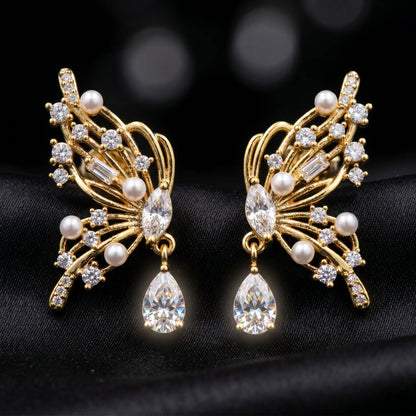 Luxora Golden Flutter Pearl Drop Earrings