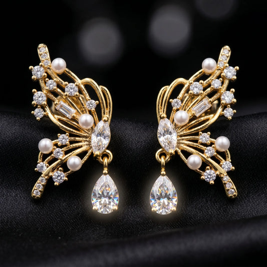 Luxora Golden Flutter Pearl Drop Earrings