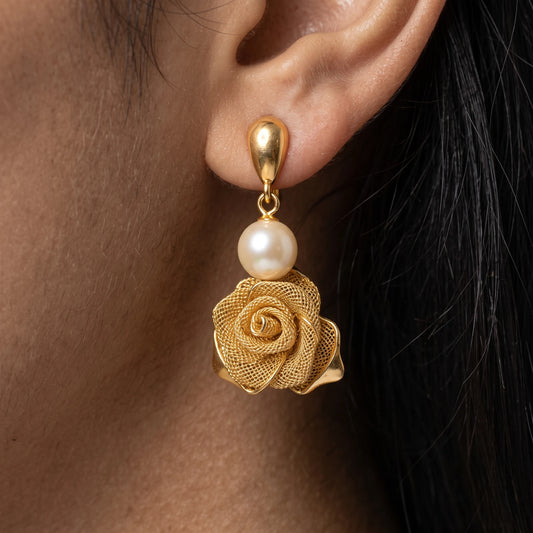 Luxora Golden Rose Pearl Drop Earrings