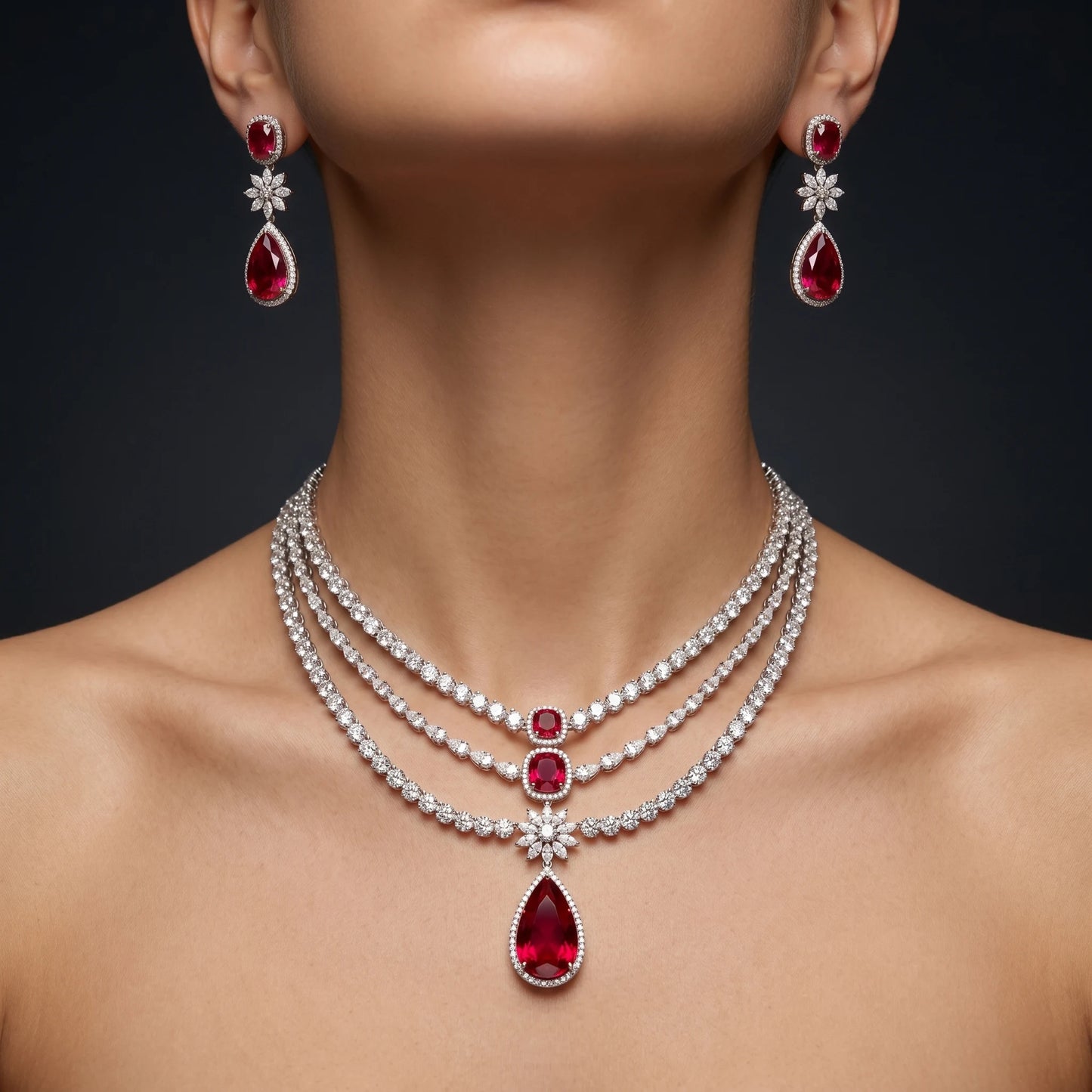 Luxora Royal Ruby Cascade Bridal Necklace Set