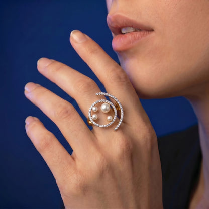 Luxora Luna Pearl Orbit Ring – Contemporary Halo Elegance