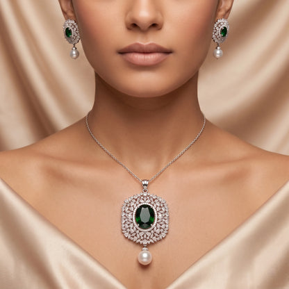 Luxora Emerald Pearl Halo Pendant Set