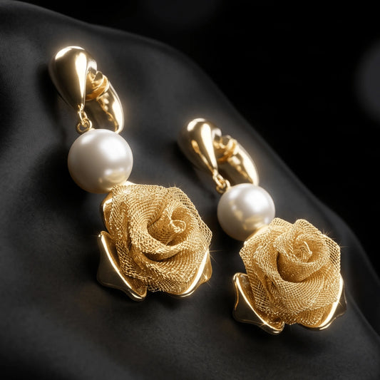 Luxora Golden Rose Pearl Drop Earrings