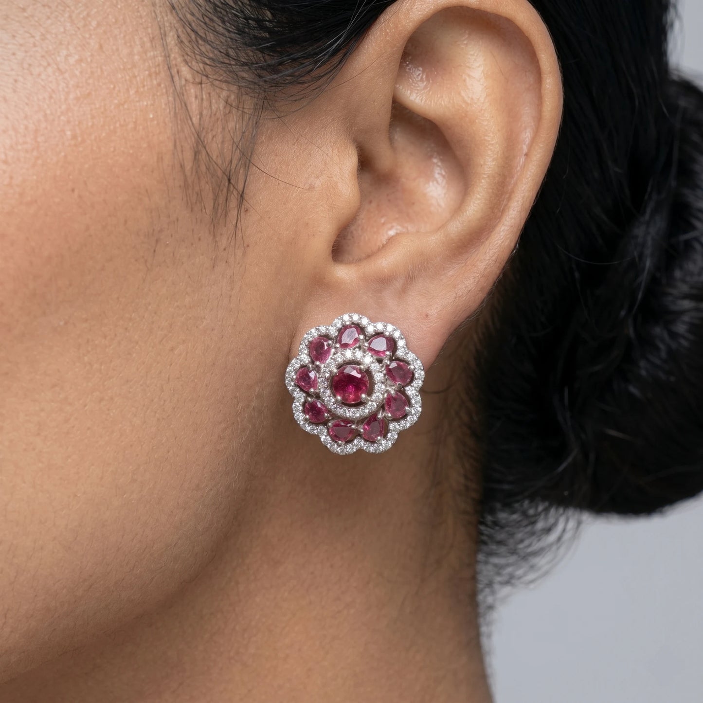 Luxora Ruby Blossom Floral Stud Earrings