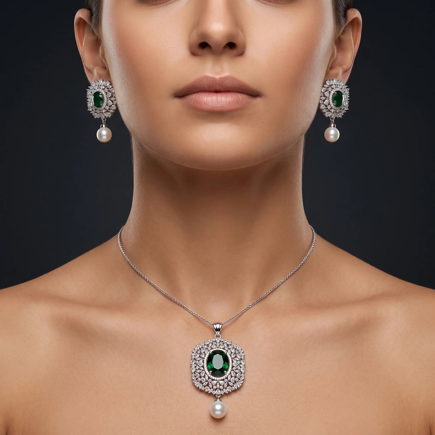 Luxora Emerald Pearl Halo Pendant Set