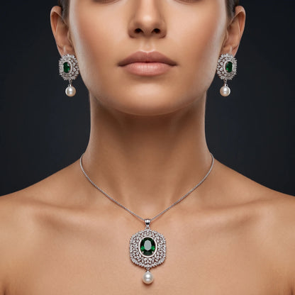 Luxora Emerald Pearl Halo Pendant Set