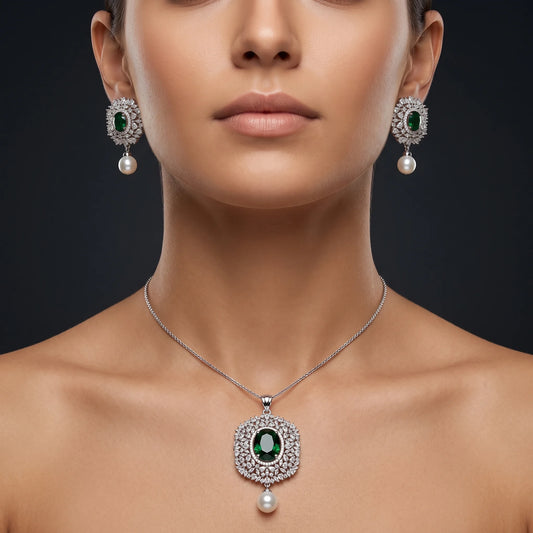 Luxora Emerald Pearl Halo Pendant Set