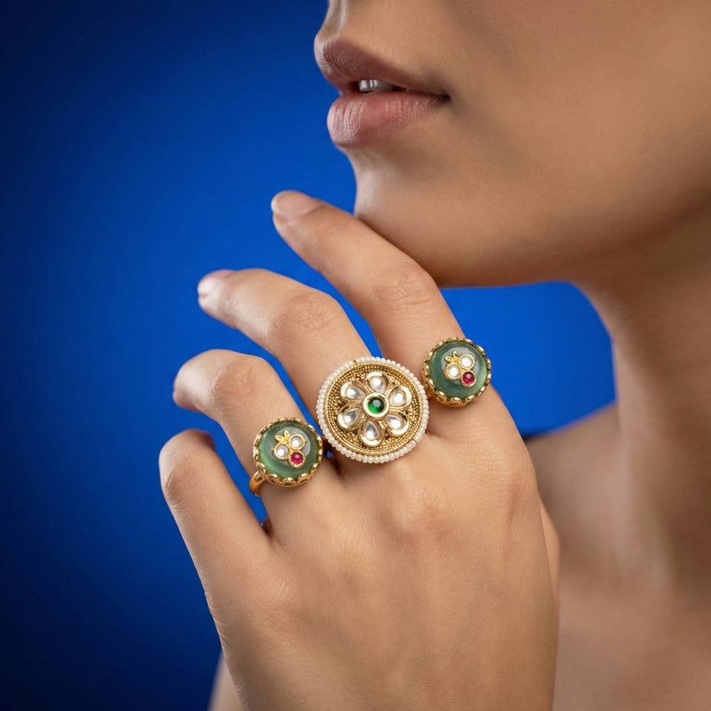 Luxora Central Floral Kundan Gold Ring