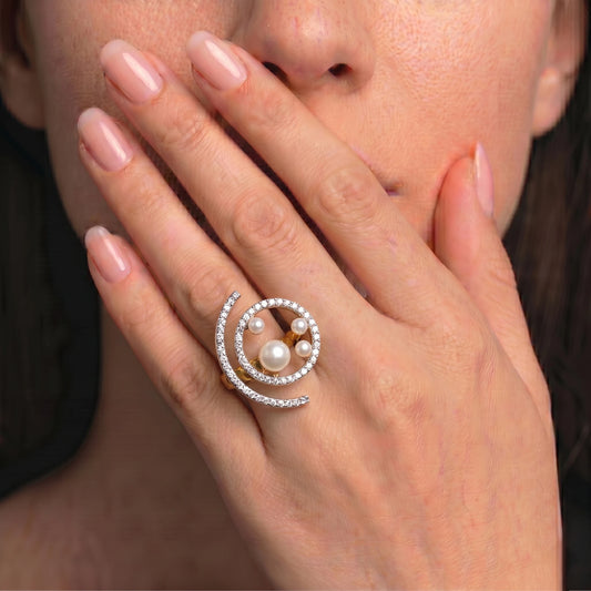 Luxora Luna Pearl Orbit Ring – Contemporary Halo Elegance