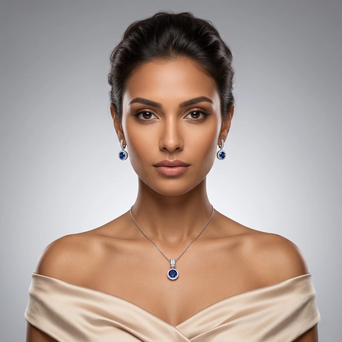 Luxora Sapphire Halo Elegance Pendant Set