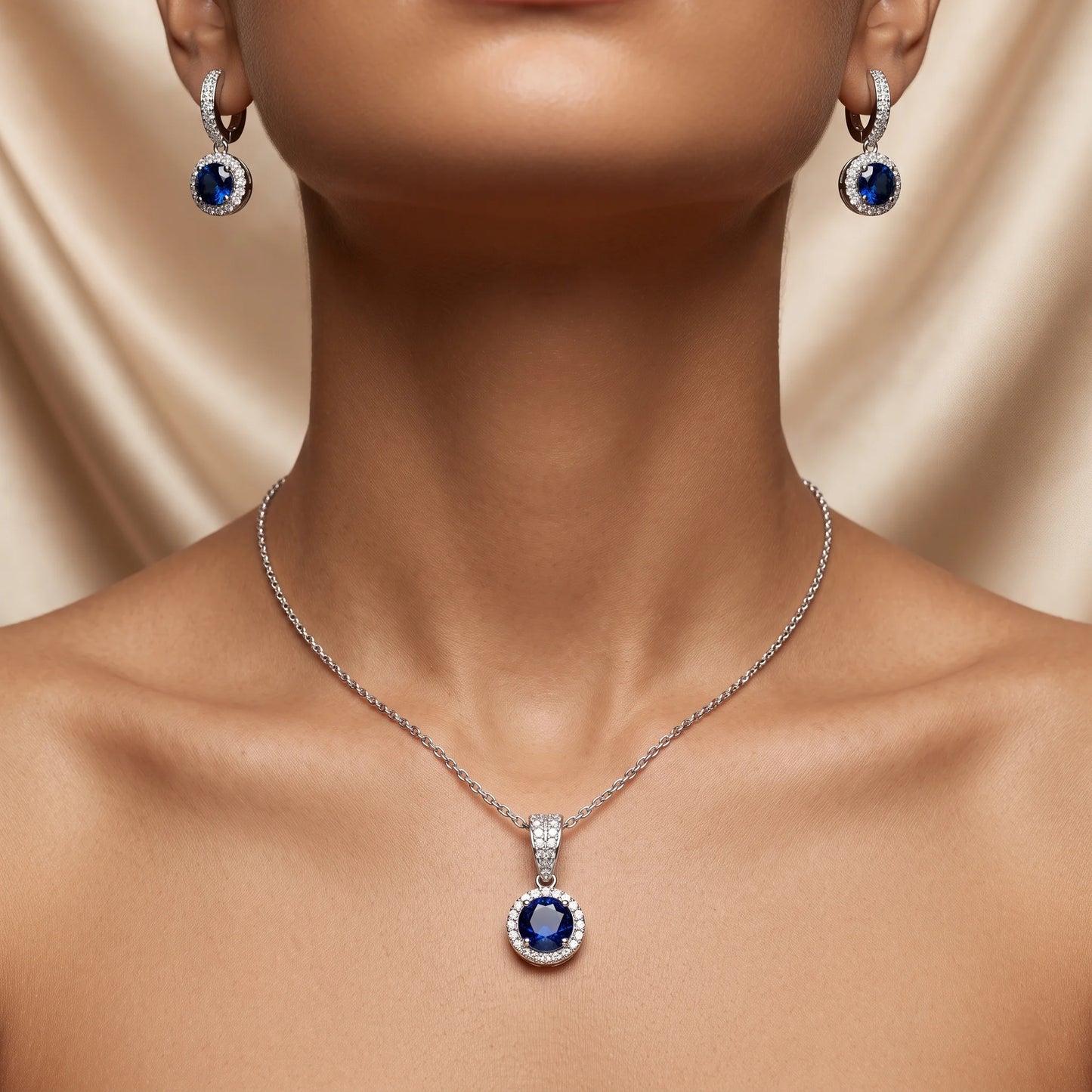Luxora Sapphire Halo Elegance Pendant Set