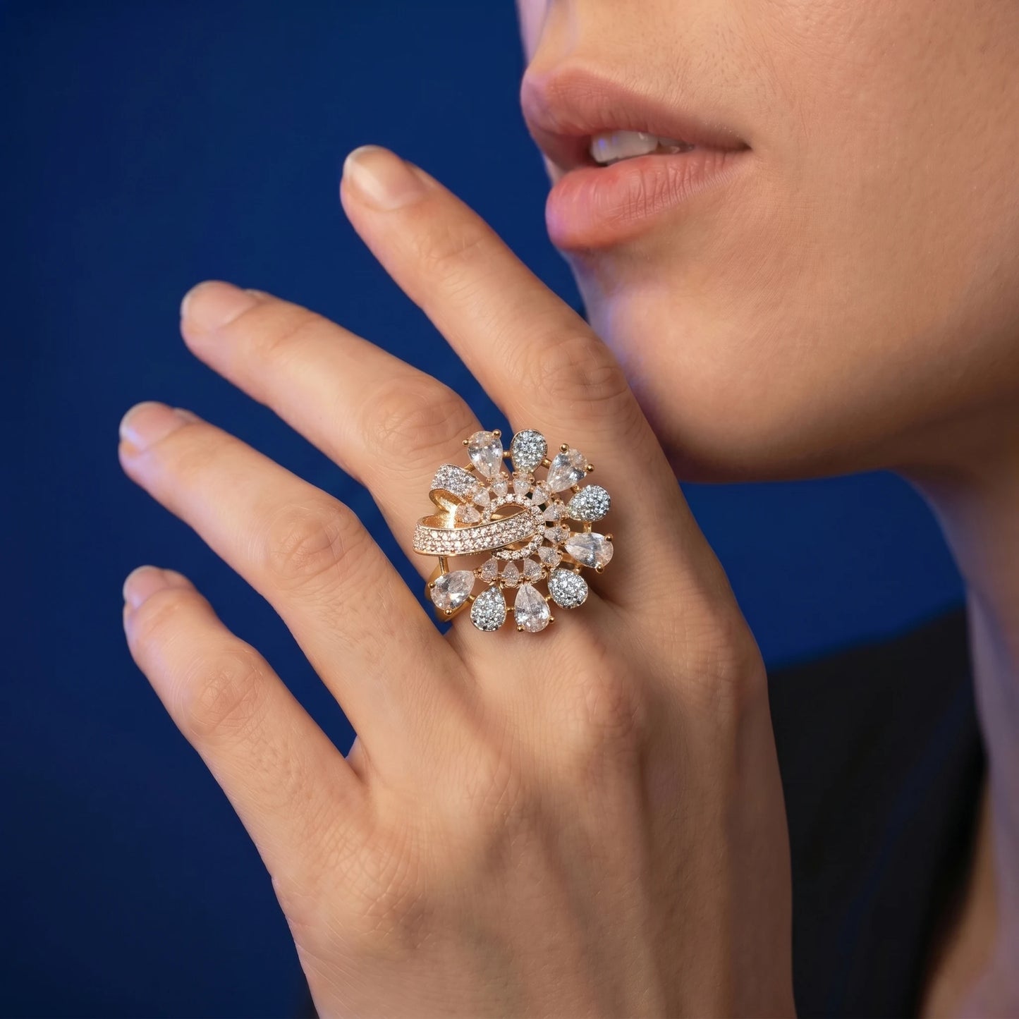 Luxora Celestial Bloom Halo Statement Ring – Floral Radiance Edition