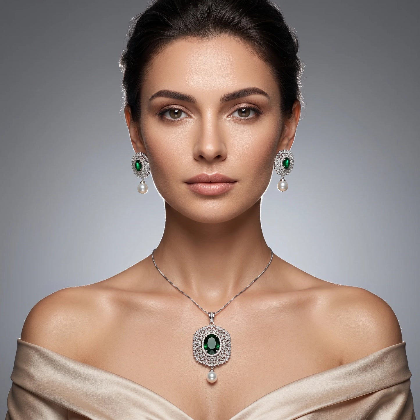 Luxora Emerald Pearl Halo Pendant Set