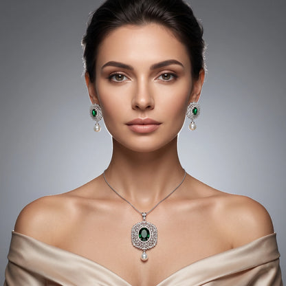 Luxora Emerald Pearl Halo Pendant Set