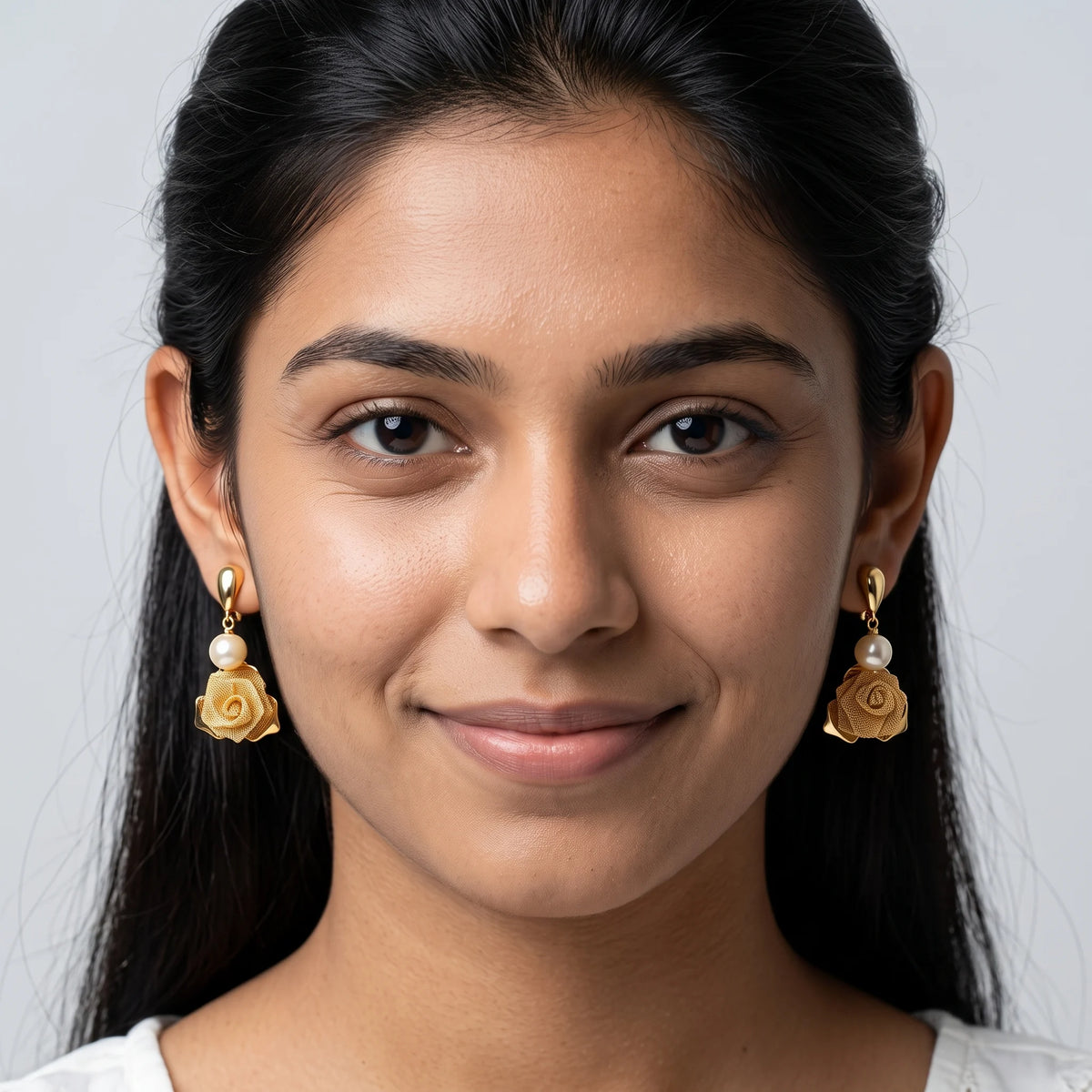 Luxora Golden Rose Pearl Drop Earrings