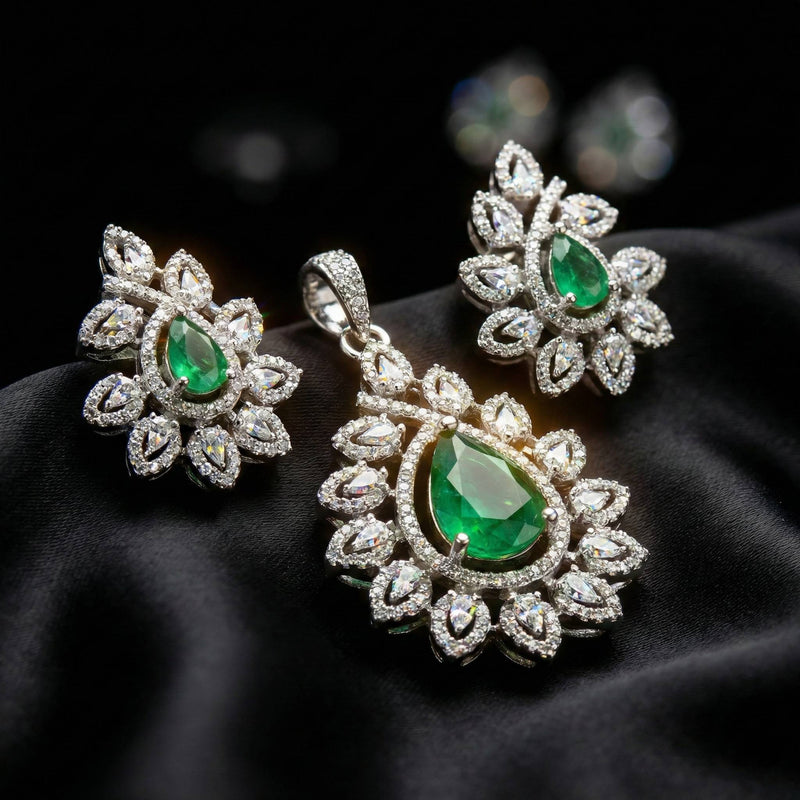 Luxora Floral Design with Emerald Green Tear Drop Diamond