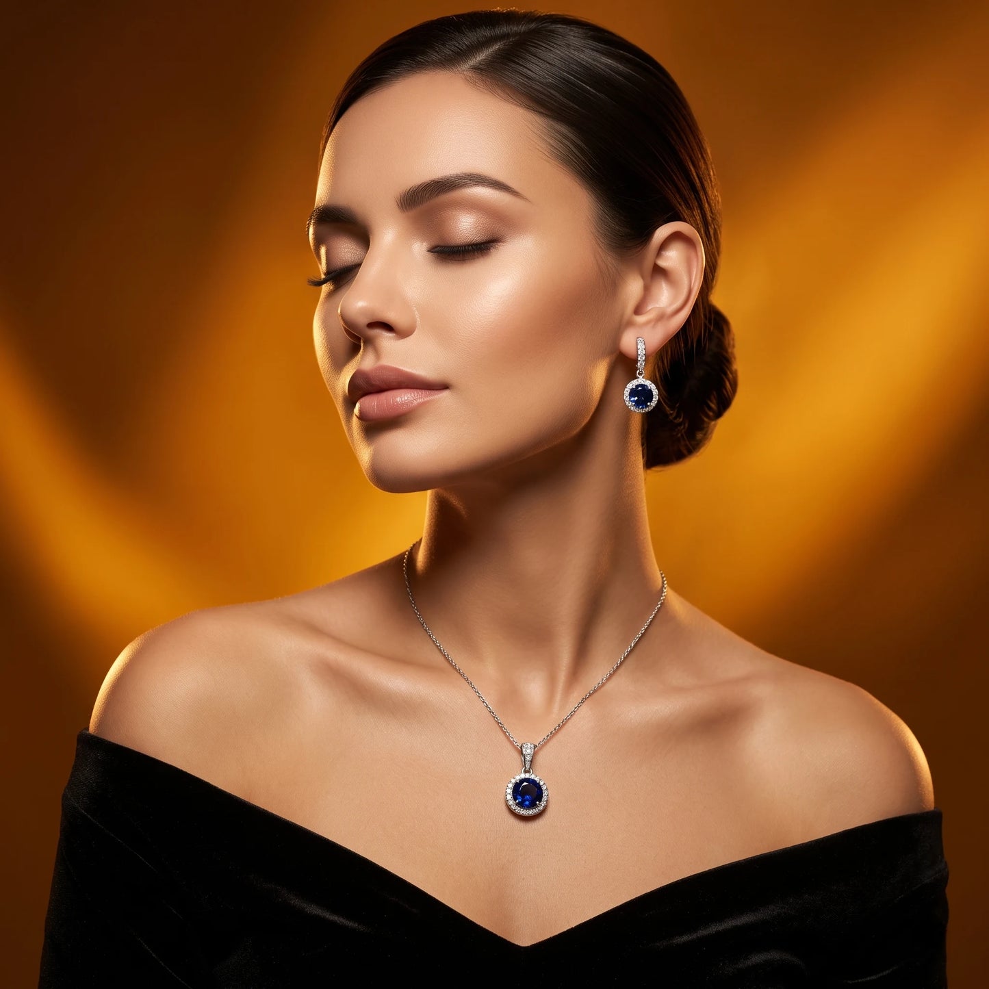 Luxora Sapphire Halo Elegance Pendant Set